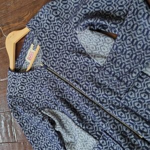 ANTHRO I Blue Rosie Neira Geo Diamond Full Zip Cotton Cardigan Sweater Jacket, L